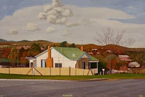 Australian artist David Frazer, oil on linen artwork White House with green roof in Country Town Landscape