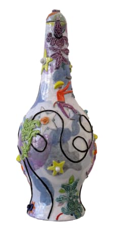 Fons van laar glazed ceramic vase with green stars, foliage, and orange climbing figure 