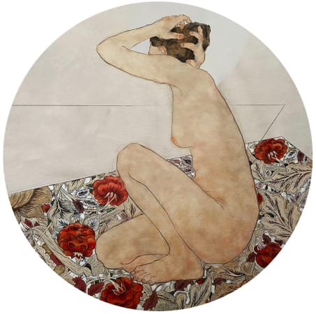 Nikoleta Sekulovic, oil stick, graphite, and acrylic on canvas. Female nude sat on William Morris background, work has similarities with Egon Schiele and studies by Gustav Klimt. Contemporary take on odalisque portraiture.