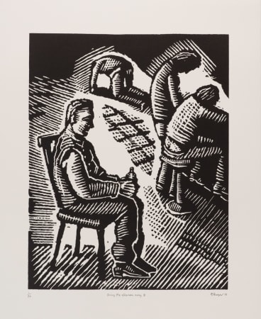 Australian printmaker and artist David Frazer, Man sat on a chair with men in background linocut 