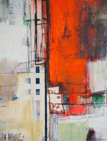 Danish artist Morten Lassen's expressive abstract painting in oil on canvas with bold geometric red colour and texture