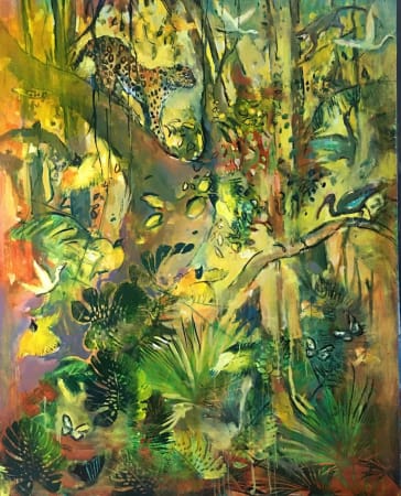 Painting of jungle with leopard by Sophie Walbeoffe available at the Rebecca Hossack Art Gallery.