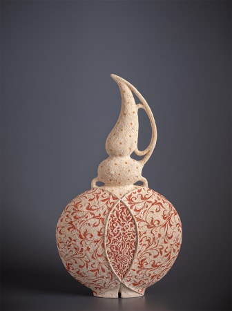 Ceramic vessel by ceramist Avital Sheffer, from Israel and New South Wales, Australia. Hand built stencilled earthenware, a voluptuous vessel in light beige with red details. Contemporary sculptural artwork with middle eastern influence.