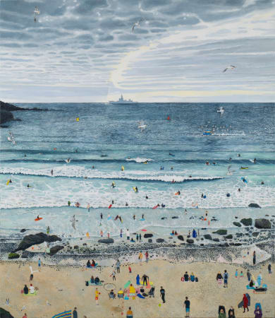 British female artist Emma, oil painting of summer beach scene with children playing