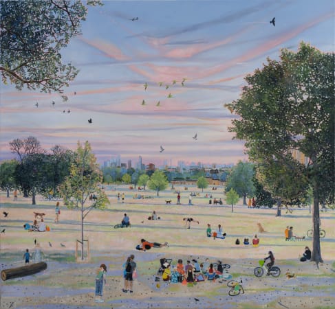 Oil on canvas by british female painter Emma Haworth, oil painting of summer park scene in London, children playing