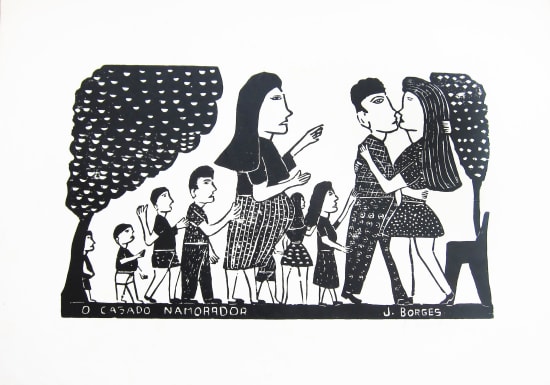 Couple & Observers - Black and White Woodcut on Paper by José Borges. Represented by Rebecca Hossack Gallery. 