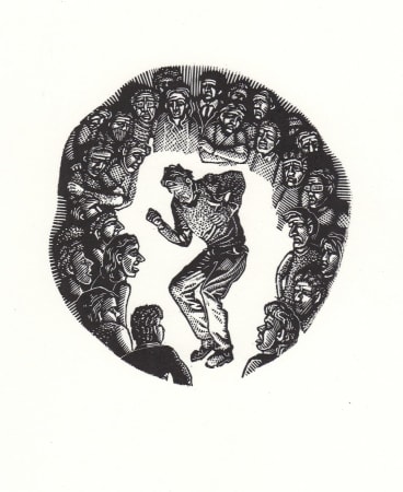 Black and White wood engraving of man dancing by Australian printmaker David Frazer