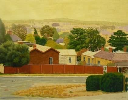 Australian artist David Frazer, watercolour and gouche of landscape with Suburban houses yellow sky
