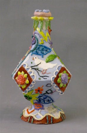 Colorful ceramic artwork by Fons van Laar available t the Rebecca Hossack Art Gallery.