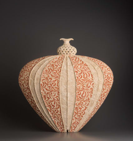 Ceramist Avital Sheffer, from Israel and New South Wales, Australia. Hand built stencilled earthenware in neutral color with red details. Contemporary sculptural artwork with middle eastern influence. 