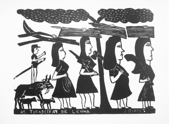 Ladies of Firewood - Black and White Woodcut on Paper by José Borges. Represented by Rebecca Hossack Gallery. 