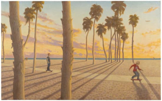 Robert Brownhall, oil on canvas, painting of skaters at sunset in LA. Realism.