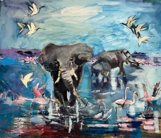 Sophie Walbeoffe, Elephants walking in a pond with flamingoes