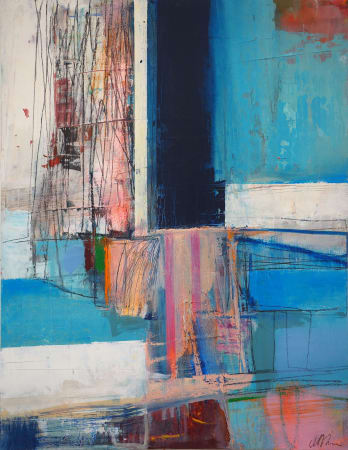 Danish artist Morten Lassen's expressive abstract painting in oil on canvas with bold geometric blue colour and texture