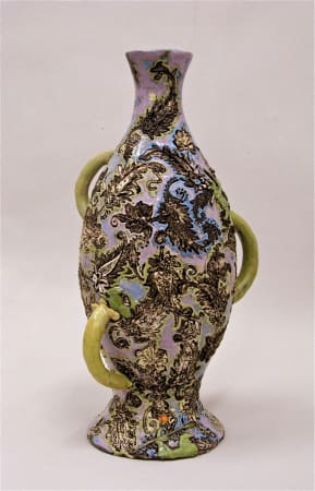 Fons van Laar, Ceramic vase with foliage detail and green handles
