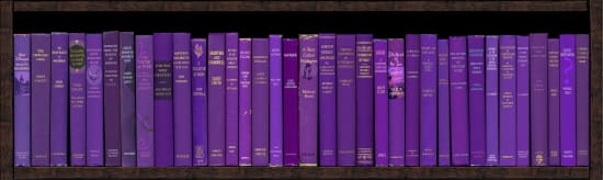 Purple Bookshelf print by artist Phil Shaw represented by Rebecca Hossack Gallery