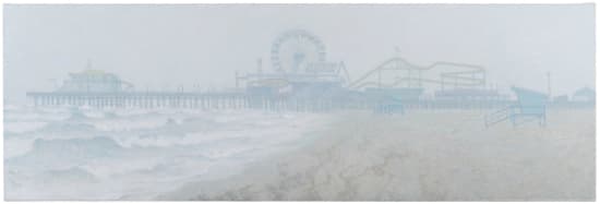 Robert Brownhall, oil on canvas, foggy painting of beach with fair and pier. Realism.
