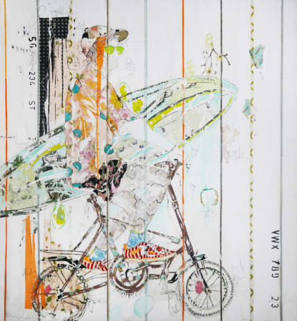 Spanish artist Mersuka Dopazo's collage of male figure on bicycle from hand-made natural papers and couture fabric in orange and blue