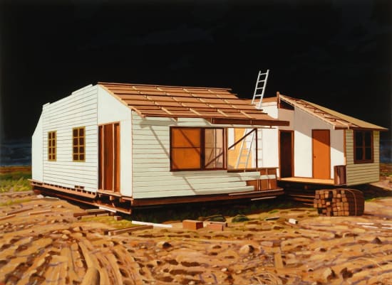 Australian artist David Frazer, oil on linen artwork. Unfinished white Home, house.
