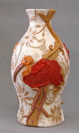 Fons van Laar, Ceramic vase with red and orange ibis