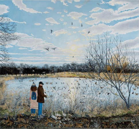 Oil on canvas, painting by british female painter Emma Haworth, lake nature winter scene 