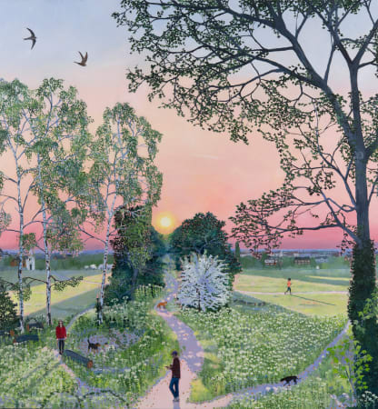 oil painting by British artist Emma Haworth of sunset park, urban scene in nature
