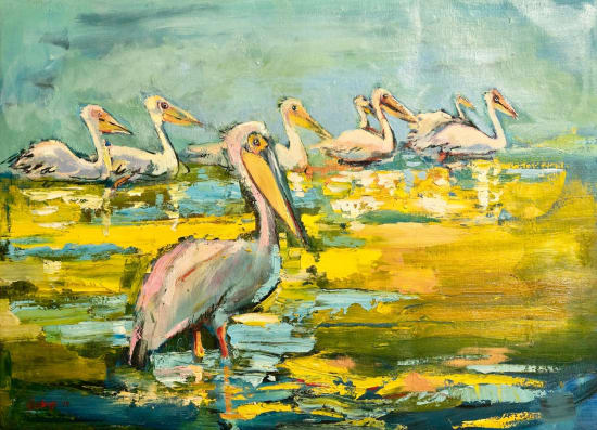 Group of pelicans in a yellow pond, painting by Sophie Walbeoffe available at the Rebecca Hossack Art Gallery.