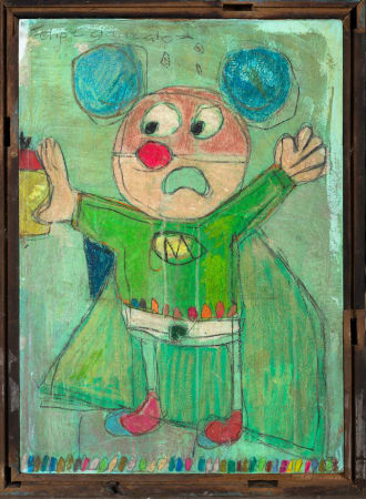 Spanish artist Mersuka Dopazo's collage of cartoon popular culture character Mickey from oil hand-made natural papers and couture fabric in green and blue colour 