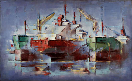 Tilemachos Kyriazatis greek artist painting bright colourful ships in harbors scenery open sea  in oil paint on canvas 