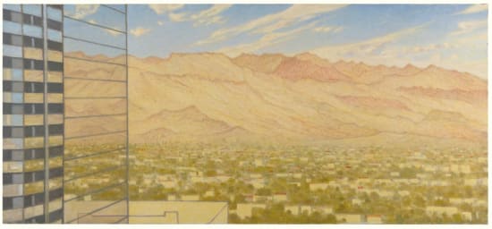 Robert Brownhall, oil on canvas, painting of skyscraper and desert with mountains. Realism.