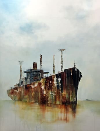 oil on linen by Anne Penman Sweet of a shipwreck on a grey background available at Rebecca Hossack Art Gallery