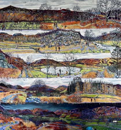 British female artist Emma Haworth oil painting of autumnal landscape, fields and fells
