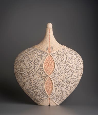 Ceramist Avital Sheffer, from Israel and New South Wales, Australia. Earthenware vessel with orange and blue patterns, contemporary artwork with middle eastern influence.