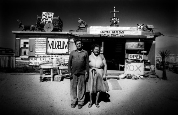 Call and Ruby Black in front of their museum, Mojave Desert, USA, 1960
