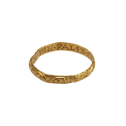 Posy Ring “RATHER · DEATHE · THEN · FALSE · OF · FAYTHE” , England, 17th-18th century