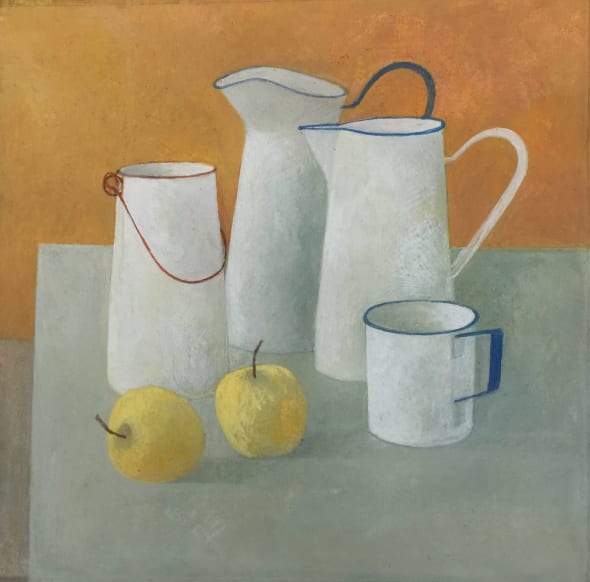 Enamelware and Two Yellow Apples