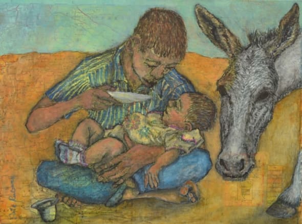 Boy Feeding a Baby next to a Mule