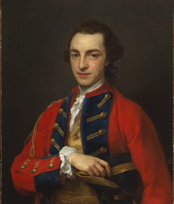 <span class="artist"><strong>Pompeo Batoni</strong></span>, <span class="title"><em>Portrait of George Craster (1734-1772), half-length, in the gold-frogged, red and blue uniform of the Horse Grenadier Guards, holding a tricorn</em></span>