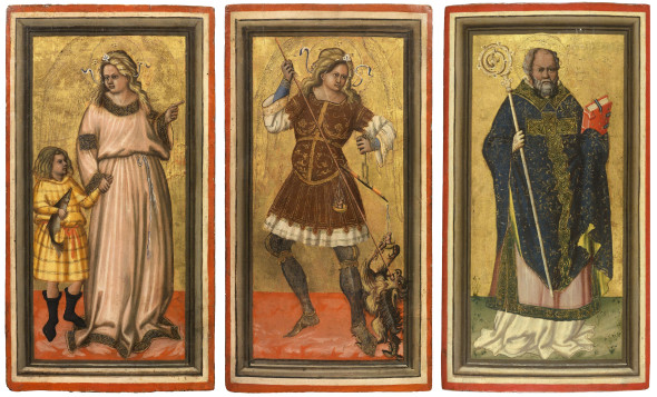 <span class="artist"><strong>Master of the Demidoff Triptych</strong></span>, <span class="title"><em>Three Panels Depicting Saint Raphael the Archangel with Tobias, Saint Michael the Archangel and Saint Nicholas</em>, 1420s</span>