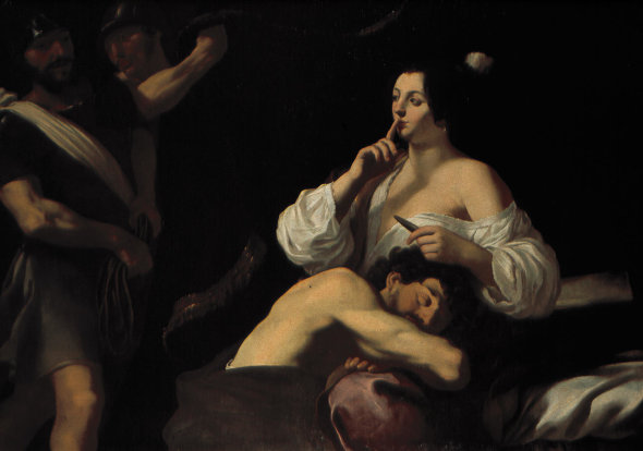 <span class="artist"><strong>Claude Mellan</strong></span>, <span class="title"><em>Samson and Delilah</em>, late 1620s</span>