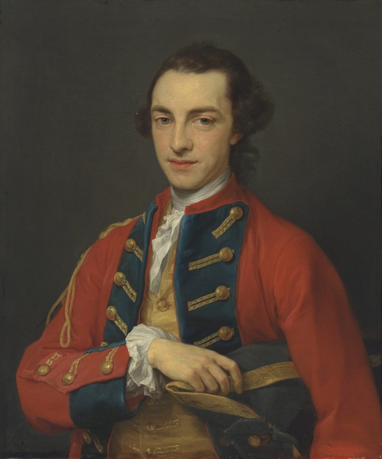 <span class="artist"><strong>Pompeo Batoni</strong></span>, <span class="title"><em>Portrait of George Craster (1734-1772), half-length, in the gold-frogged, red and blue uniform of the Horse Grenadier Guards, holding a tricorn</em></span>