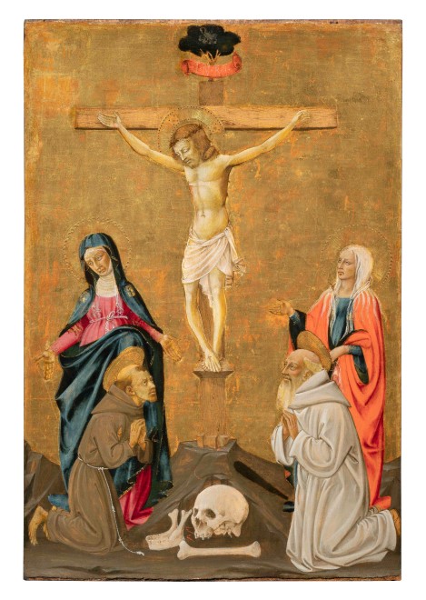 <span class="artist"><strong>Apollonio di Giovanni</strong></span>, <span class="title"><em>The Crucifixion with the Virgin Mary and Saints Mary Magdalene, Francis and Benedict</em>, c. 1450</span>