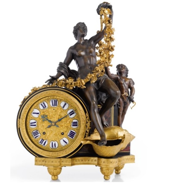 <span class="artist"><strong>Attributed to André-Charles Boulle</strong></span>, <span class="title"><em>Louis XIV ormolu-mounted, patinated bronze, tortoiseshell and ebony mantel clock</em>, c. 1715</span>