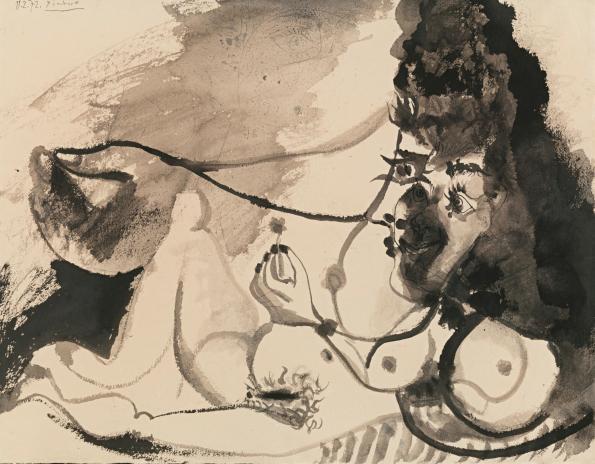 Pablo Picasso, Nu couché tenant une fleur - recto Nu couché, personnage et deux pigeons – verso, 1972