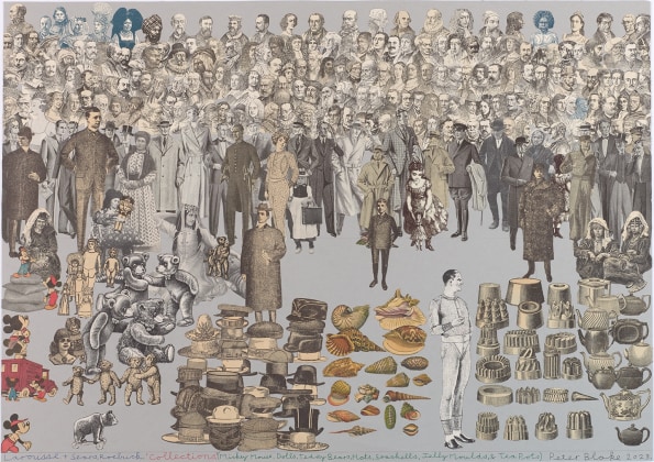 <span class="artist"><strong>Peter Blake</strong></span>, <span class="title"><em>Larousse. & Sears, Roebuck. ‘Collections’. (Mickey Mouse, Dolls, Teddy Bears, Hats, Seashells, Jelly Moulds, & Tea Pots’</em>, 2023</span>