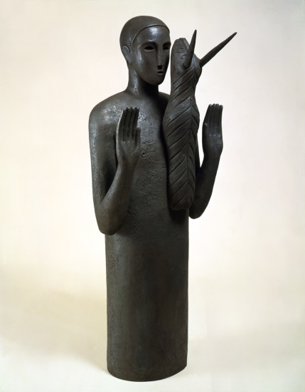 <span class="artist"><strong>Mimmo Paladino</strong></span>, <span class="title"><em>Testimone (figure with horned animal)</em>, 1997</span>
