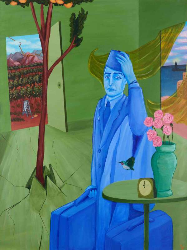 Massoud Hayoun, 'Stateless • Por no llevar papel', 2024, Acrylic on canvas, 121.9 x 91.4 cm. Courtesy of the artist and Larkin Durey.