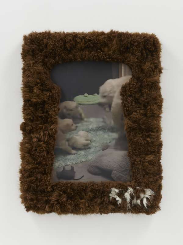 Amanda Moström, 'Bless You', 2023, Kakan's fleece, wood, UV printed aluminum, velvet, 95 × 72 × 11 cm Photo by Theo Christelis. Courtesy of the Artist and Rose Easton, London