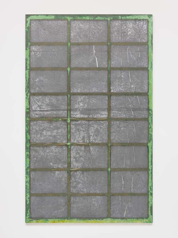 Mimosa Echard, 'Surf 5', 2024, canvas stretched on aluminium frame, antiradiation, fabric, aluminium foil, acrylic, transparent varnish, 180 × 110 × 2.5 cm. Courtesy the artist, Soft Opening and Martina Simeti. Photo: Eva Herzog