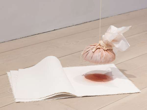 Ana Bidart, Calendar, 2025. Pigment powder, cloth, cotton yarn, metal hooks, metal pulley, custom-made canvas notebook